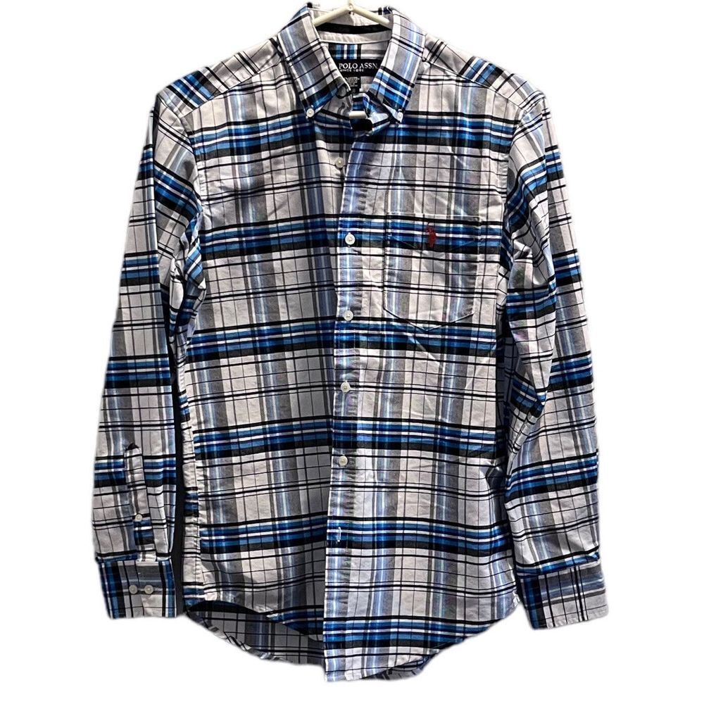 U.S. Polo Assn. Mens Small OXFORD Button Down White Blue Black Plaid Shirt LS